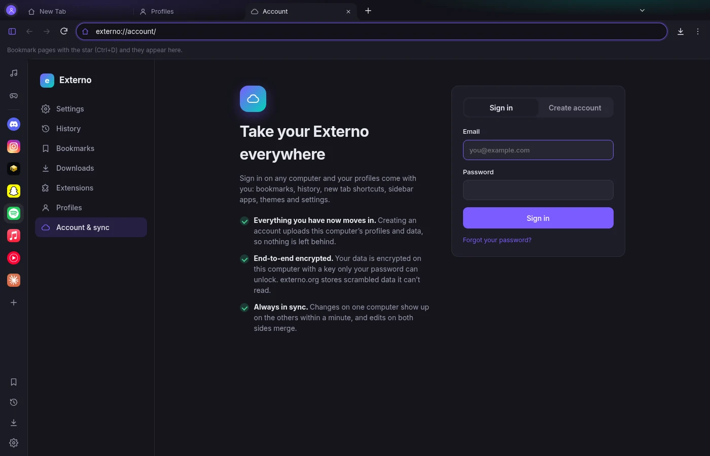 The Externo account page with sign in and the sync features explained