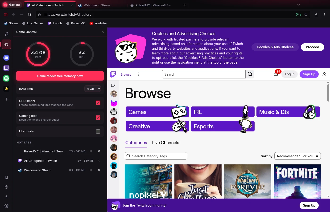 The Gaming profile with the Game Control panel showing RAM and CPU usage next to Twitch