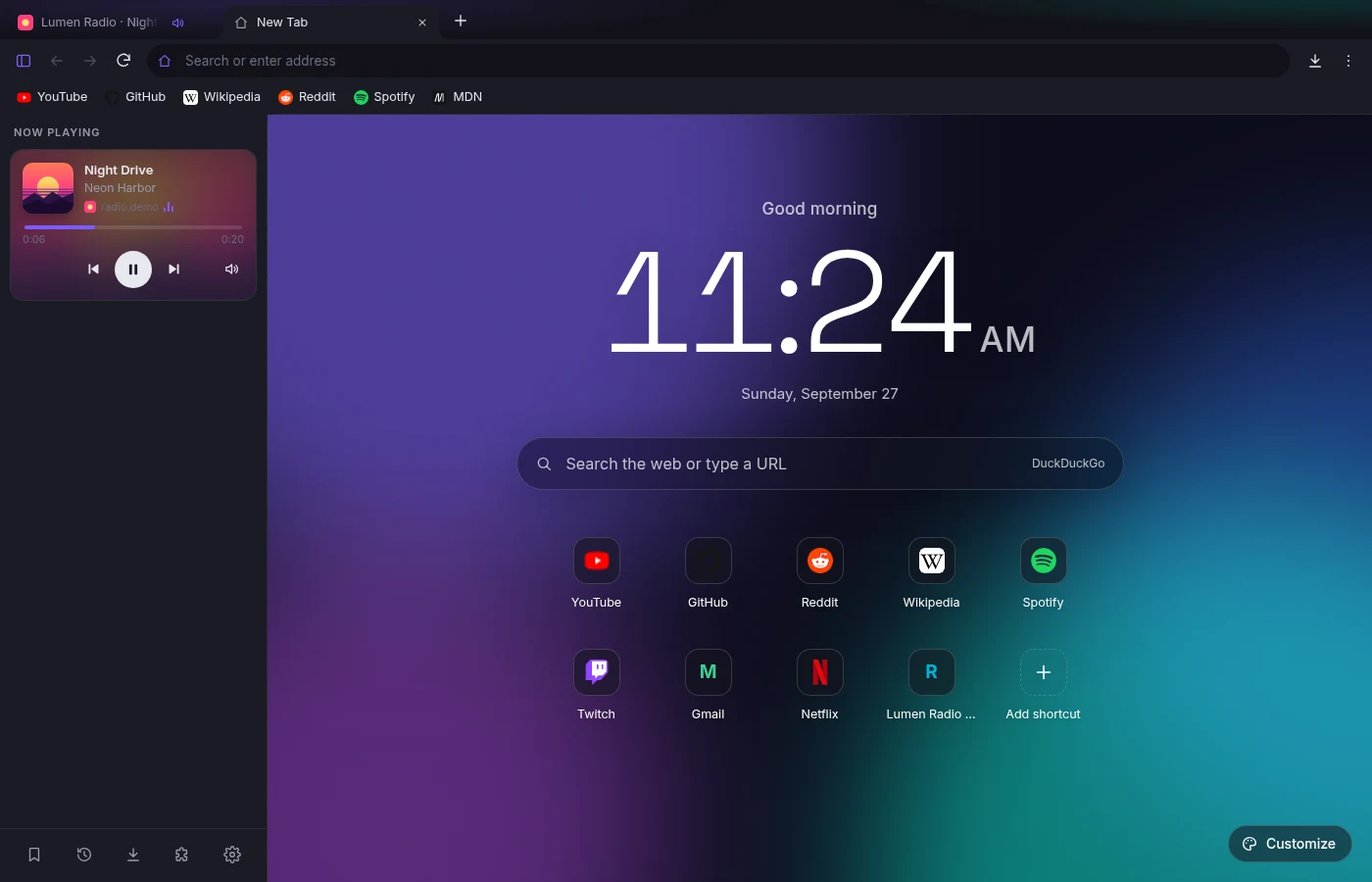 Externo showing its new tab page with a clock, shortcuts and a Now Playing music widget in the sidebar