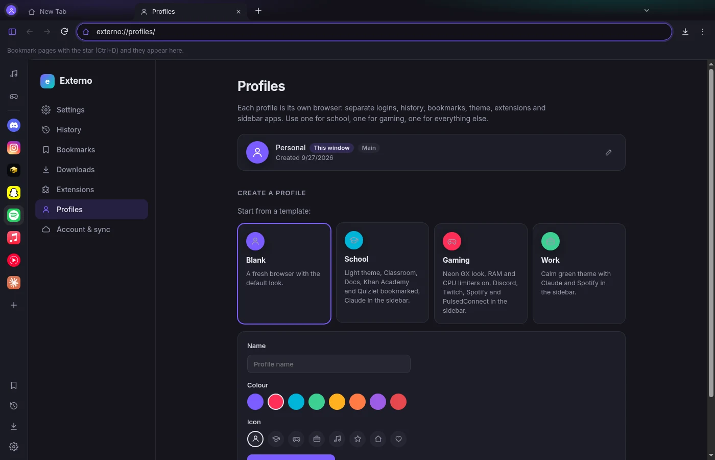 The Profiles page with templates for School, Gaming and Work