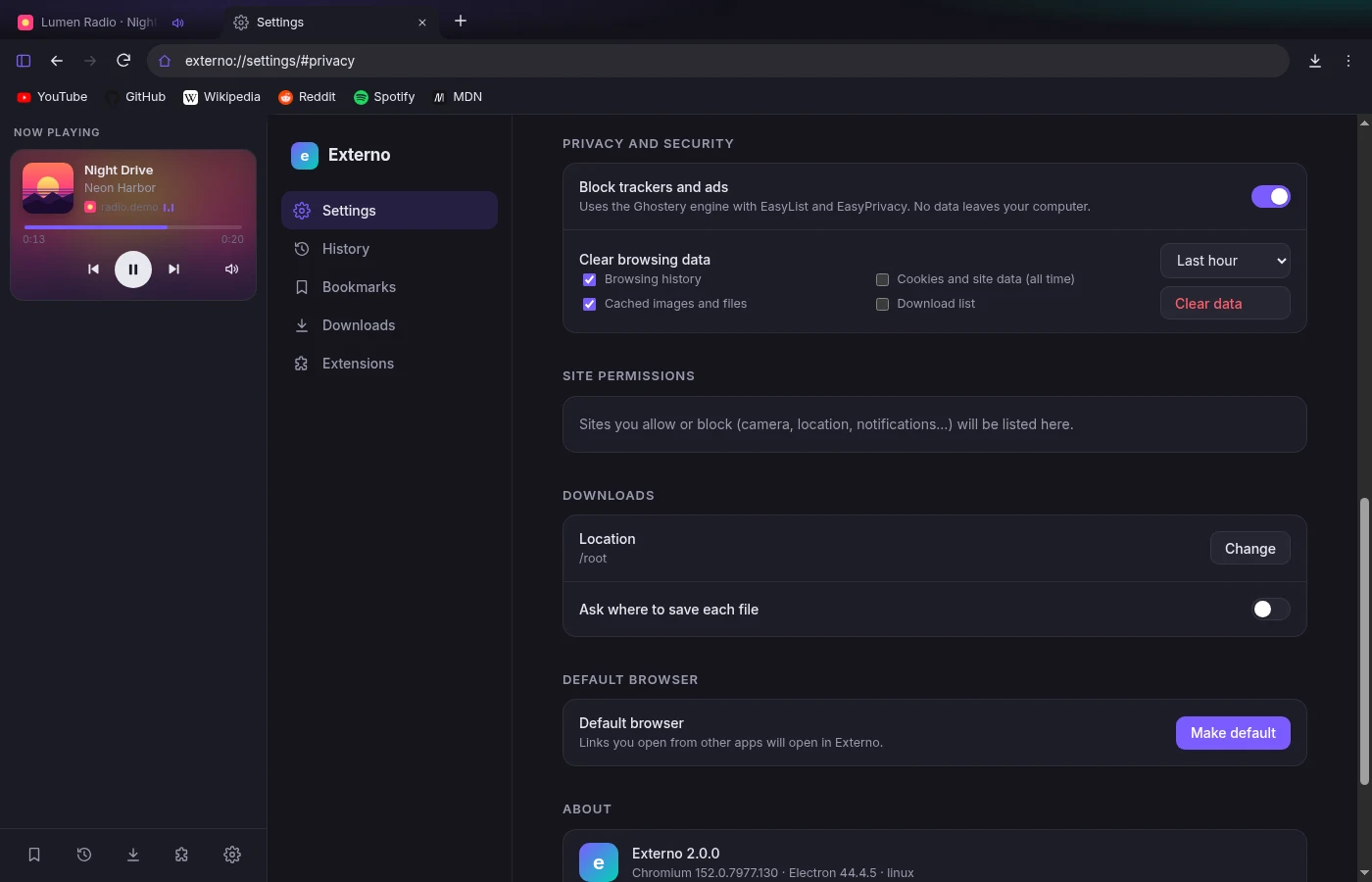 Externo privacy settings: tracker blocking, clearing browsing data and site permissions